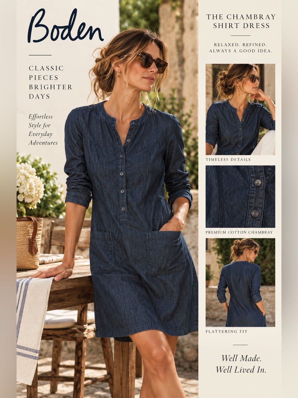 Boden Dark Blue Chambray Denim Shirt Dress US 4R Cotton Long Sleeve Pockets